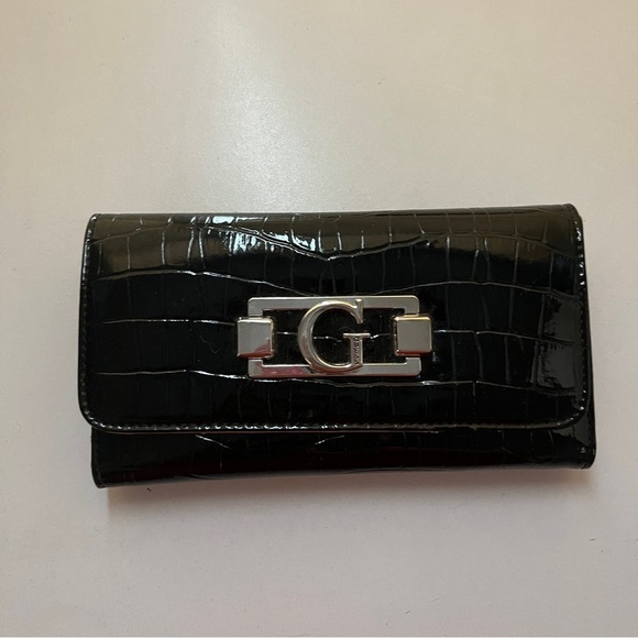 Guess Black Croc-Embossed Wallet with Silver Logo Clasp – 7” Width - Picture 2 of 6